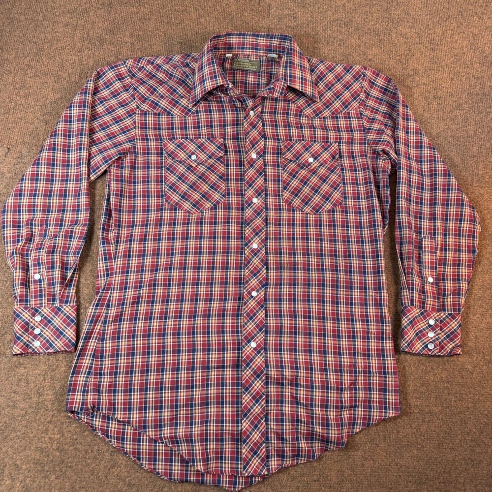 JCPenney Authentic Western Shirt Men Red Plaid Pearl Snap Long Sleeve 16-33 3126